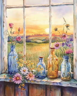 Glass bottles with colorful wildflowers on wooden windowsill at sunset
