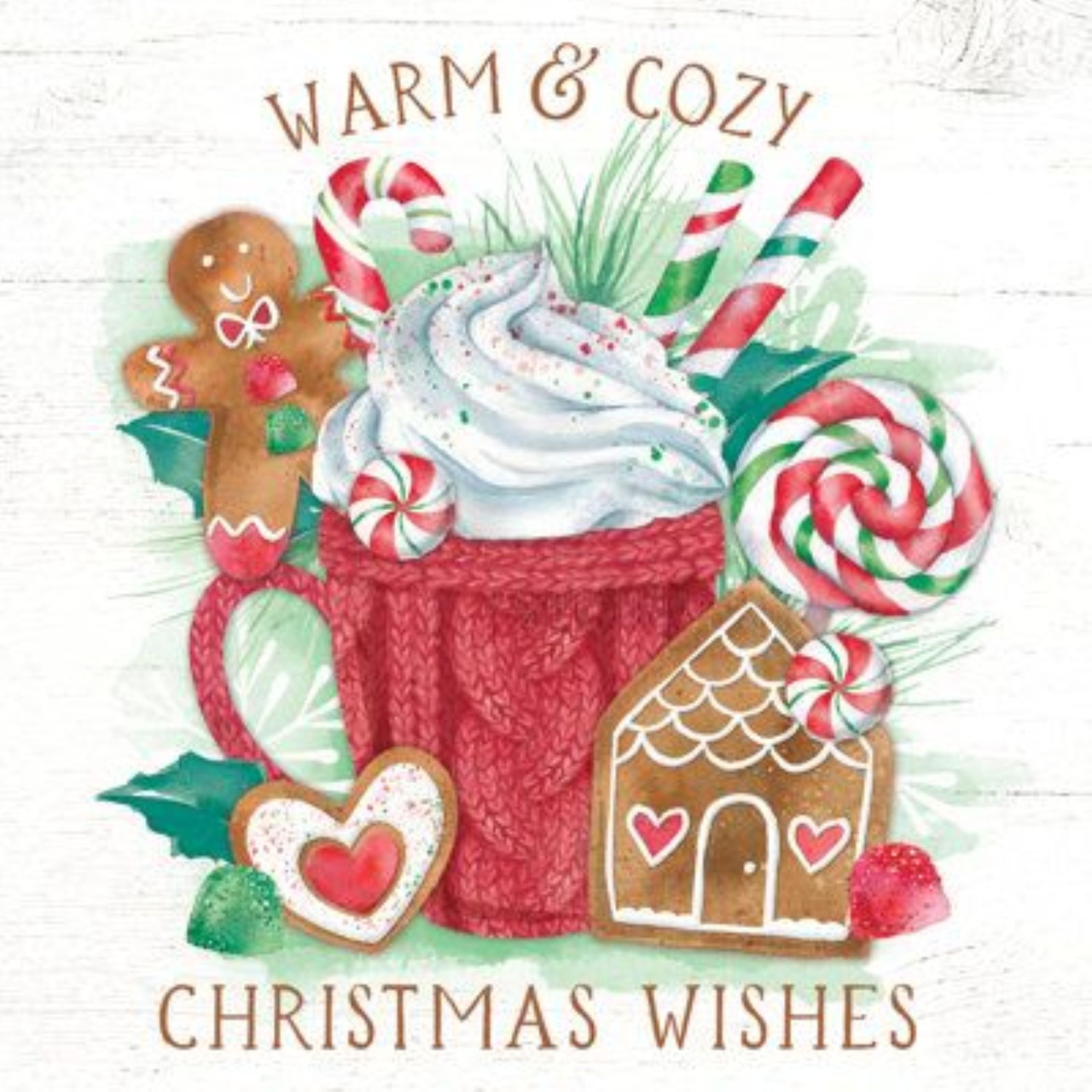 Christmas illustration with a red knit mug, whipped cream, candy canes, lollipops, and gingerbread cookies