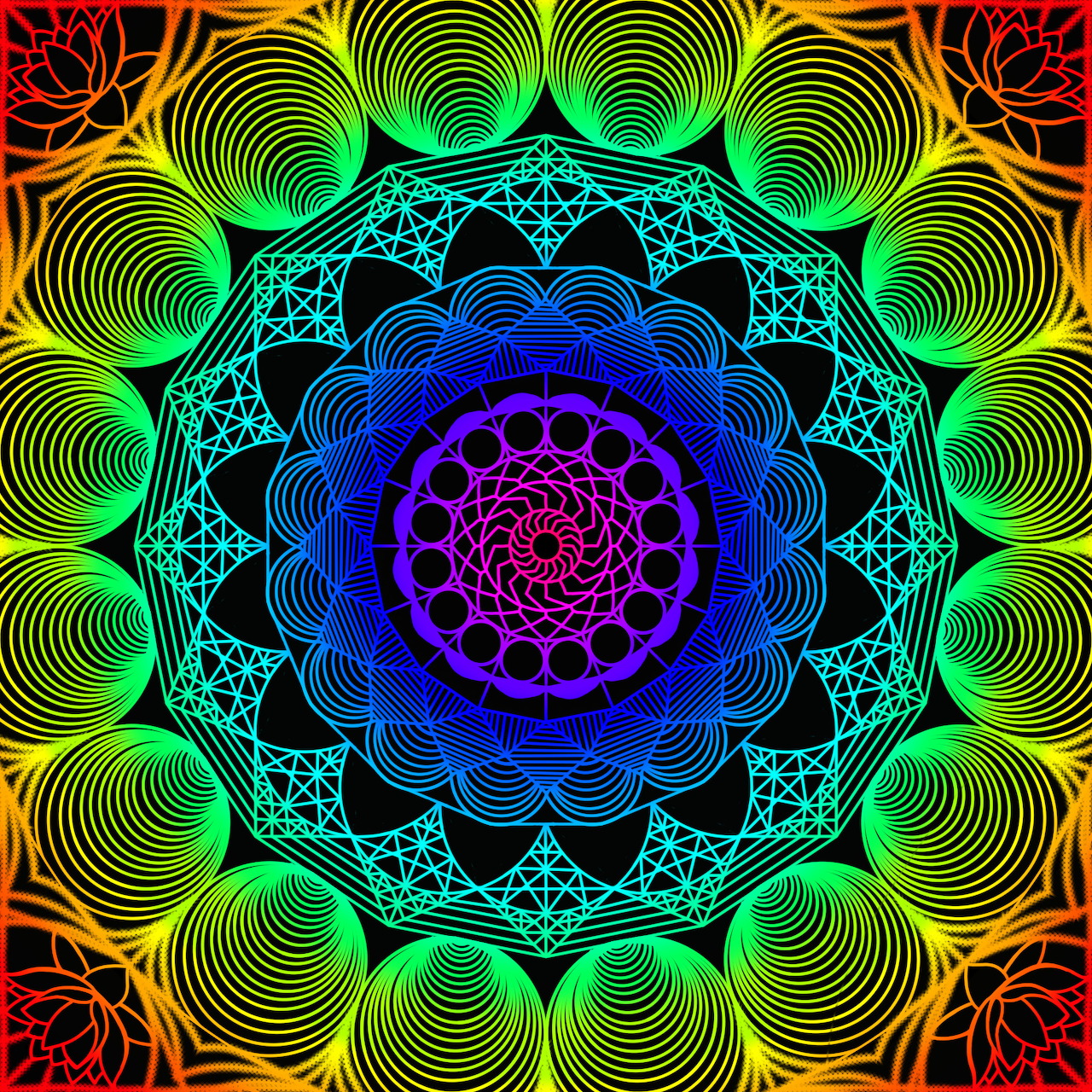 Colorful circular mandala with rainbow gradient geometric patterns and spiral elements radiating from center