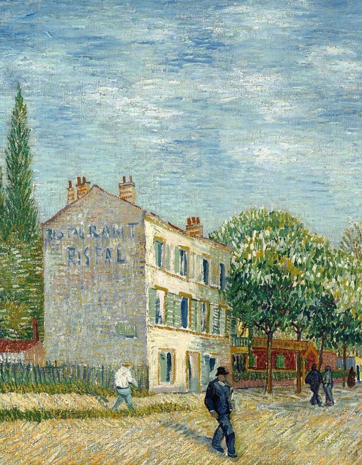 Van Gogh painting of Restaurant Rispal at Asnières, 1887, with figures, trees, and a white building