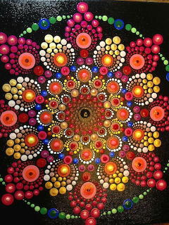 Symmetrical mandala pattern made of multicolored dots radiating from center on black background