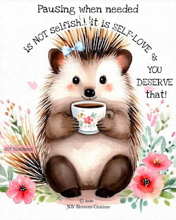 Cute cartoon hedgehog holding a flower-decorated tea cup with pink flowers and motivational text