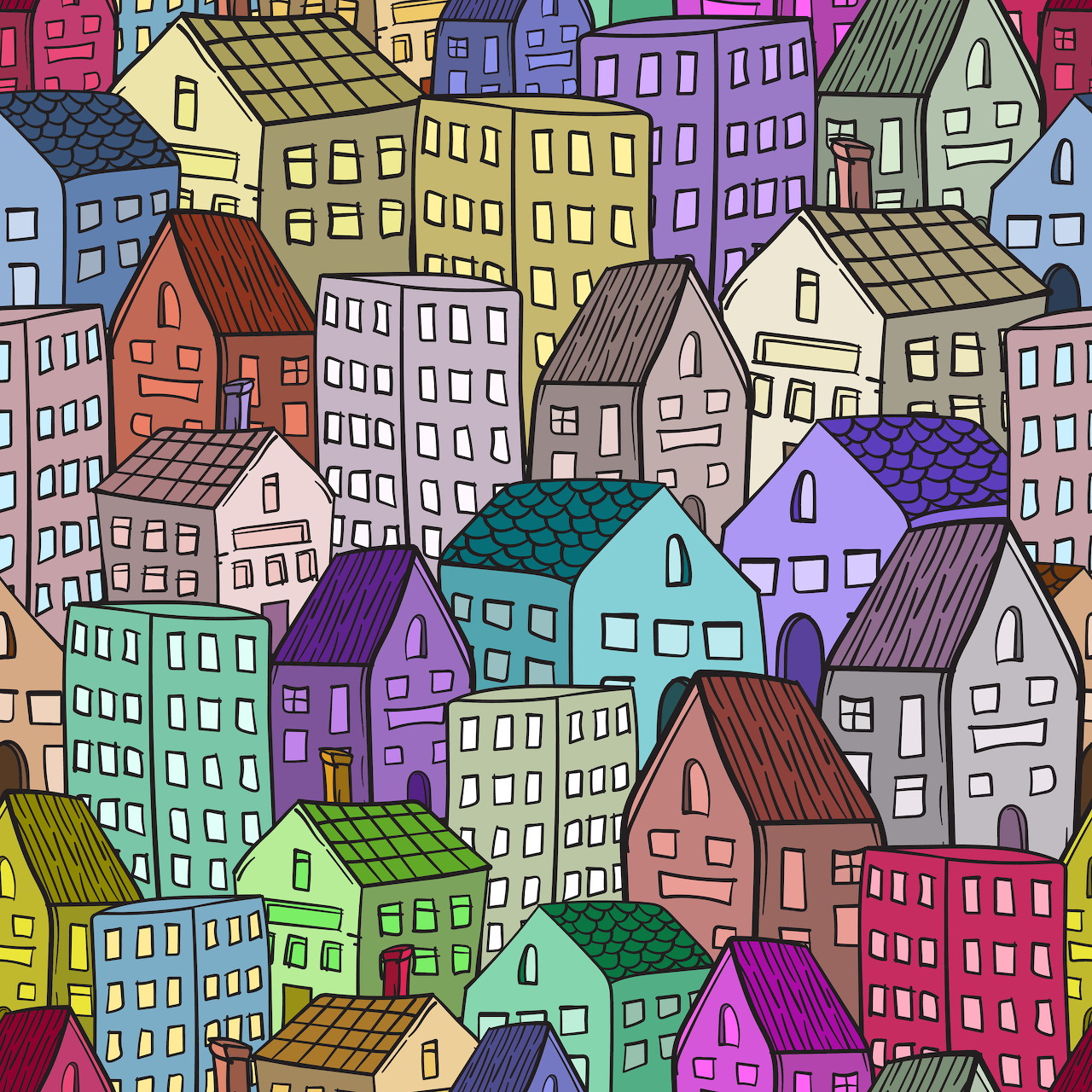 Colorful illustrated pattern of overlapping cartoon houses in various bright colors and architectural styles
