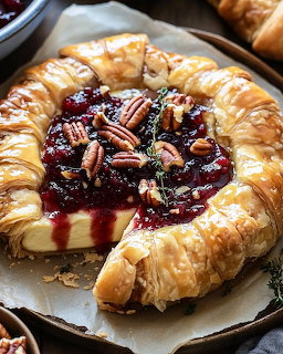 Rustic pastry tart with berry filling and pecans on a plate
