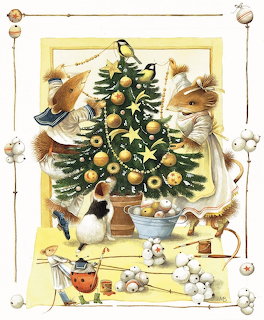 Illustration of two mice decorating a Christmas tree with gold ornaments and winter berries