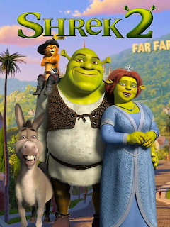 Shrek 2 animated characters including green ogres Shrek and Fiona, Donkey, Puss in Boots, and other fairy tale characters