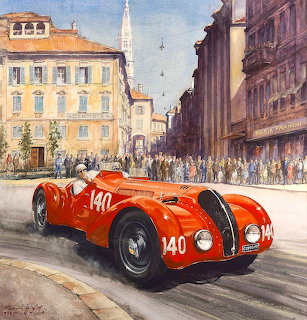 Red vintage Alfa Romeo race car number 140 on cobblestone street with crowd and buildings