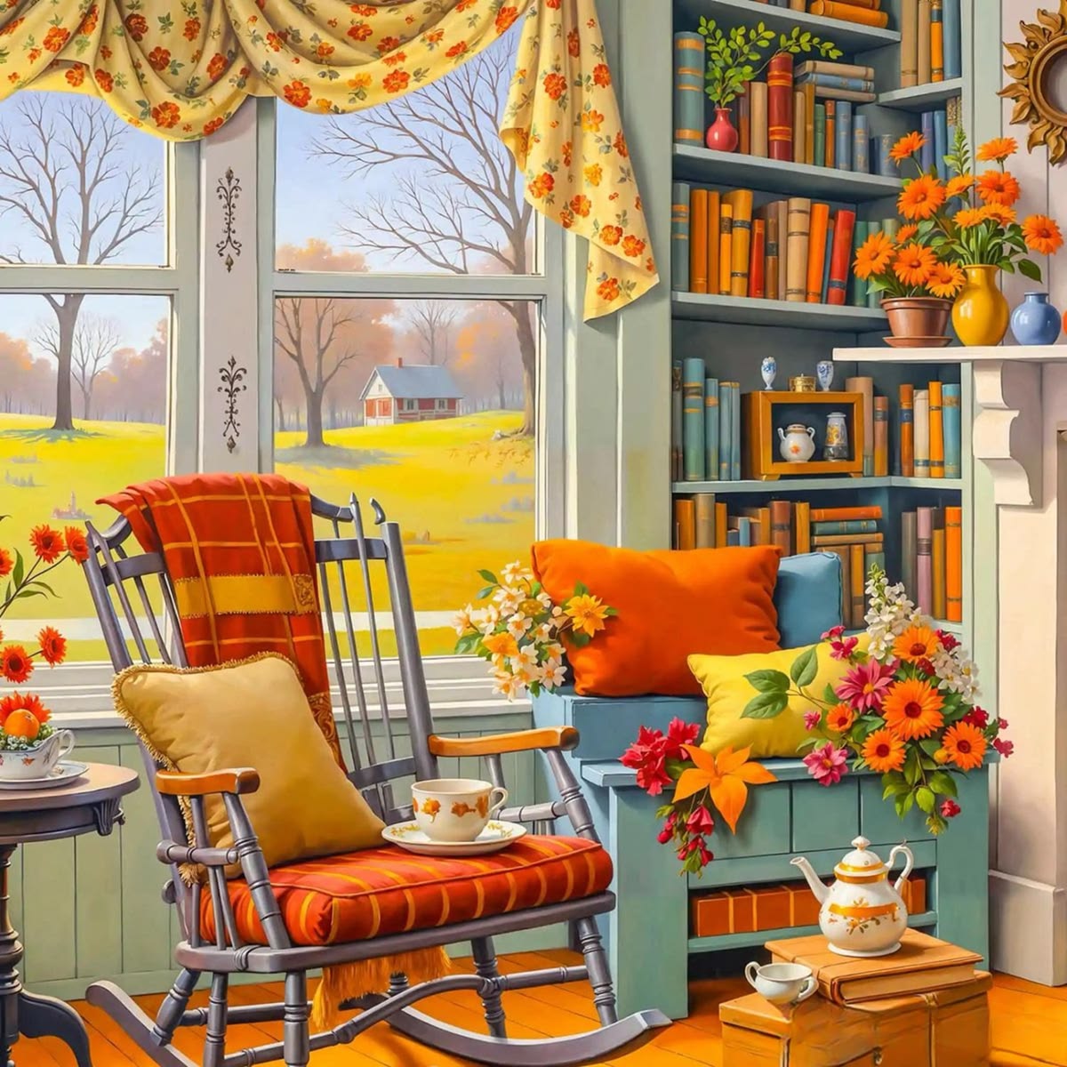 Cozy autumn reading corner with orange plaid rocking chair, bookshelves, fall flowers, and window overlooking fall landscape