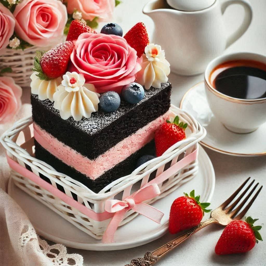 Layered chocolate cake with strawberries, blueberries, cream rosettes, and fresh roses beside coffee cup