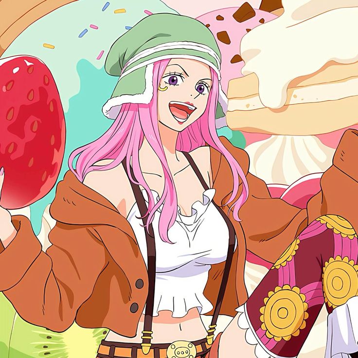 Pink-haired anime girl Bonney from One Piece surrounded by colorful desserts and candy in cheerful illustration