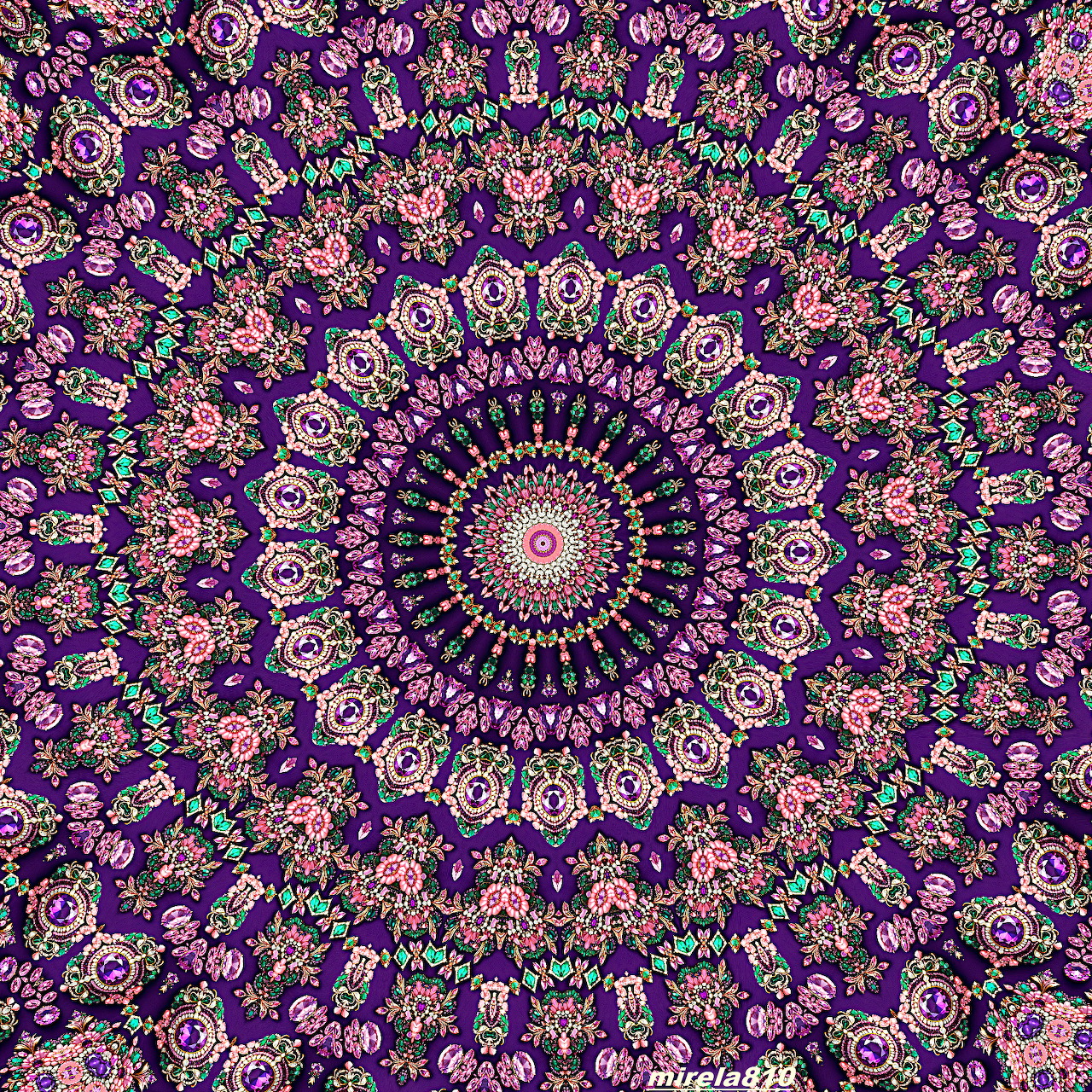 Symmetrical purple mandala with intricate floral patterns in pink and teal radiating from center