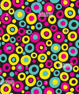 Colorful retro pattern with bright pink, yellow, and cyan circles on a black background