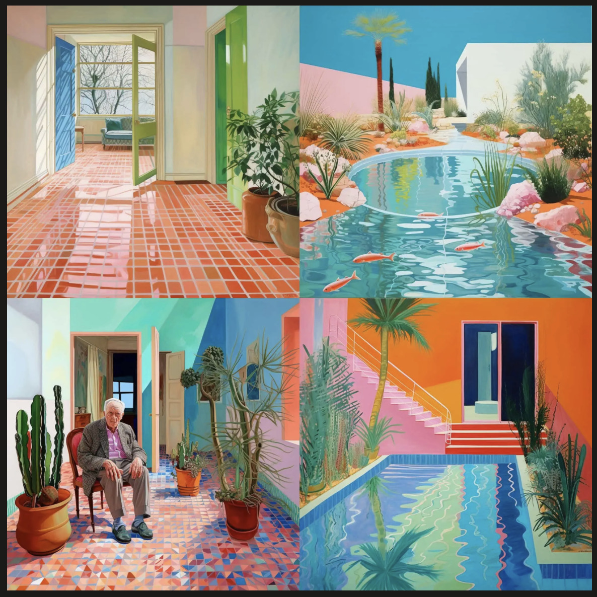 Four-panel colorful painting collage with interiors, pool reflections, plants, and a seated man