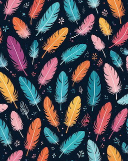 Colorful illustrated feathers in pink, orange, teal, and yellow on a dark navy background