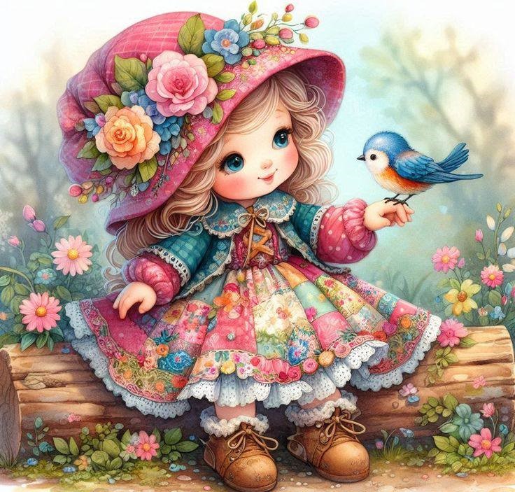 Cute illustrated girl in flowery dress and hat with bluebird perched on hand in garden