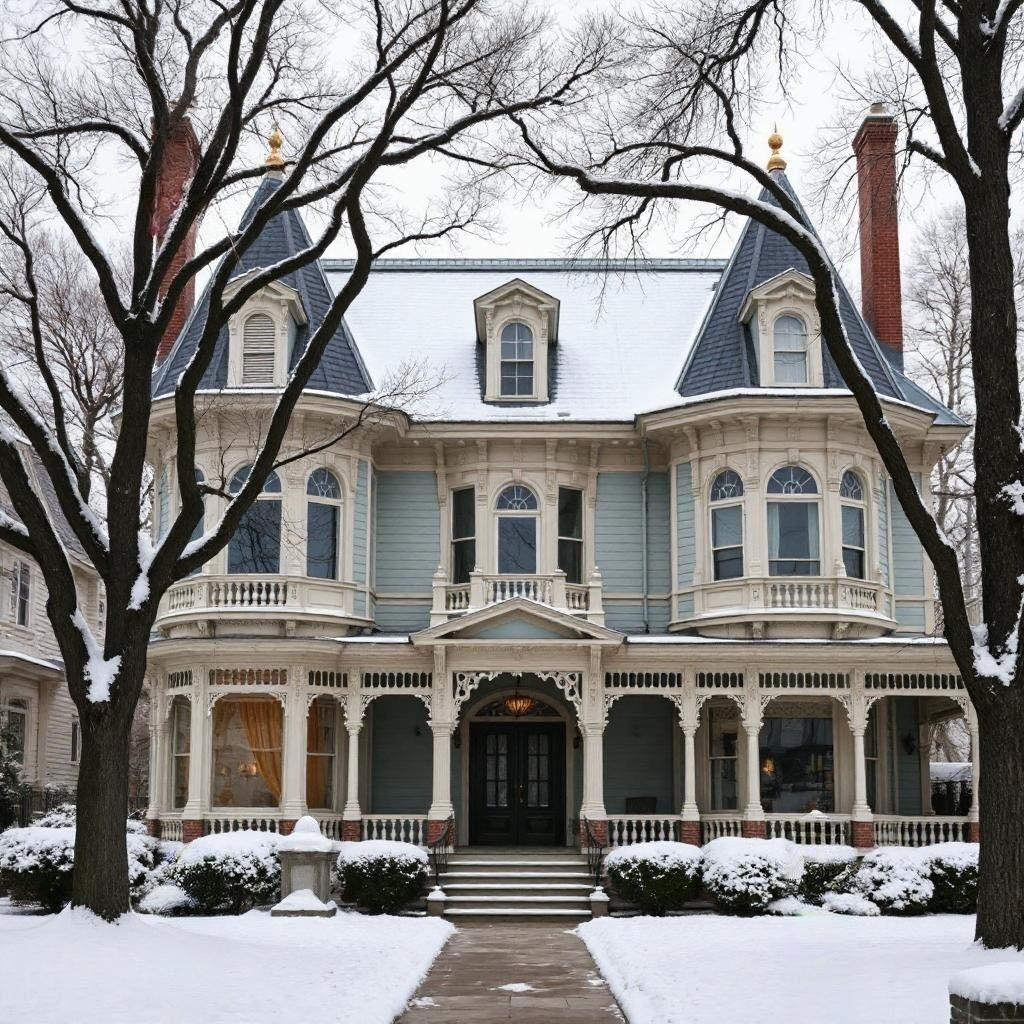 Victorian mansion with wraparound porch in winter snow