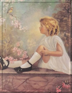 Young girl in white dress looking at bird on flowering branch in vintage garden painting