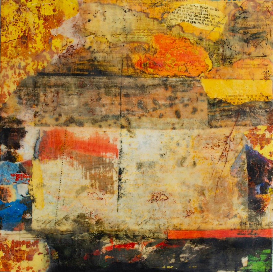 Abstract mixed media artwork with layered textures and blocks of yellow, orange, blue, black, and cream