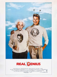Real Genius 1985 movie poster with two people in white shirts on blue cloudy background