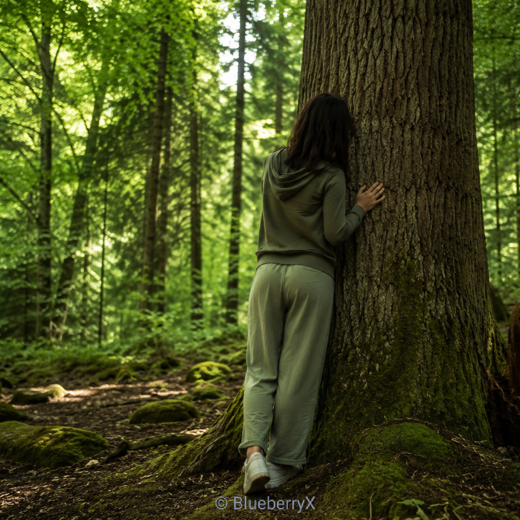 Woman in green outfit hugging a large tree in a forest