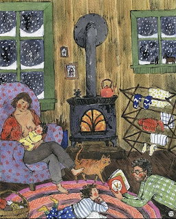 Illustration of a cozy room with a woman and baby, child on rug, pets, and a wood stove near snowy windows