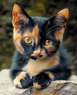 Calico kitten with black, orange, and white markings sitting on a rock looking at the camera