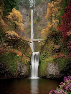 Multnomah Falls with autumn foliage, stone bridge, and reflective pool at the base