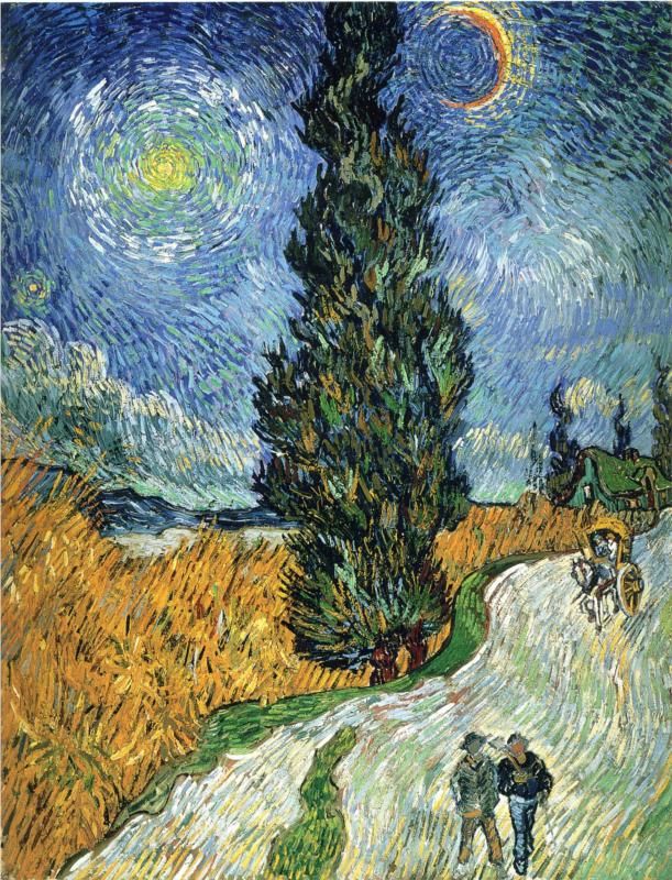 Van Gogh painting of a cypress tree by a winding road beneath a swirling night sky and crescent moon