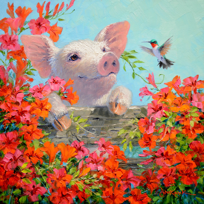 Pig and Hummingbird in Flowers
