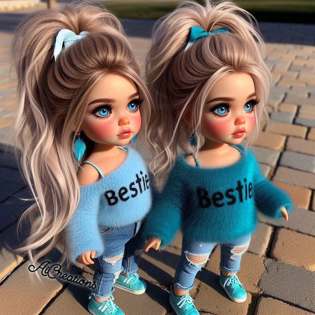 Two stylized doll girls in matching blue Bestie sweaters, ripped jeans, and ponytails standing on pavement