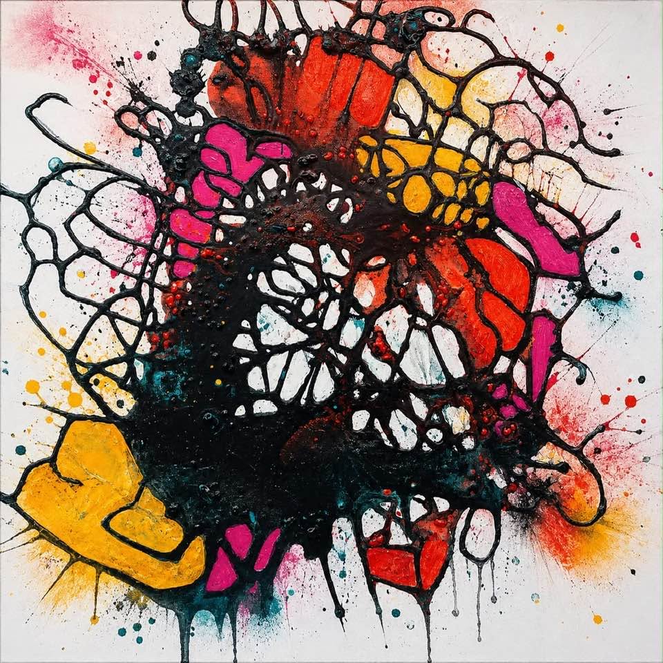 Colorful abstract paint splash with black ink webbing on a white background