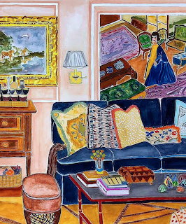 Colorful painting of cozy living room with blue sofa, decorative pillows, framed art, and wooden side table