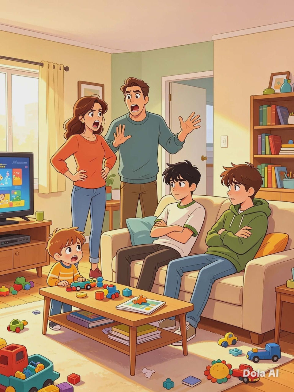 Cartoon family of five in a living room with toys on the floor and a child playing at a table