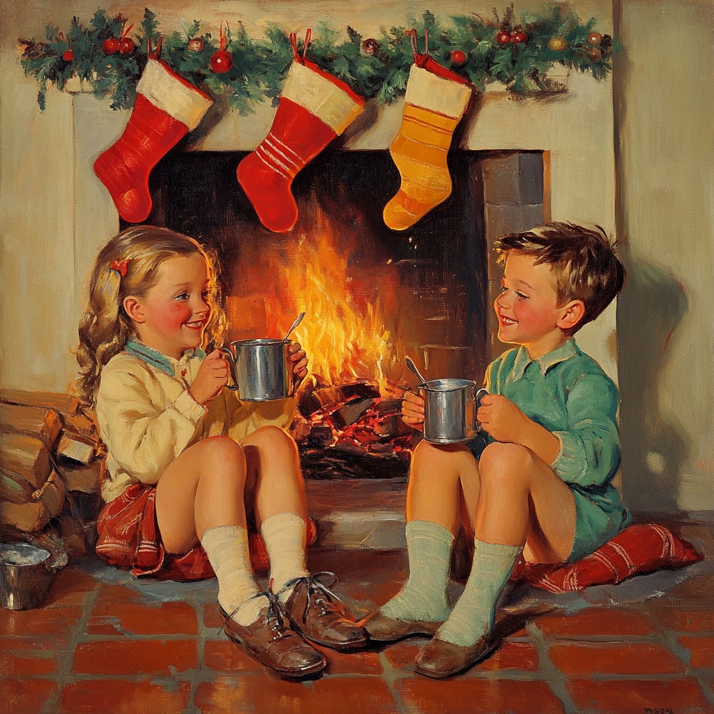 Vintage painting of a boy and girl sitting by a fireplace with mugs and Christmas stockings above
