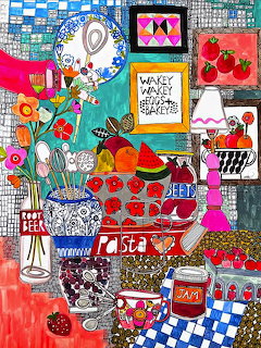Colorful collage with teapots, strawberries, flowers, and abstract patterns in pink, turquoise, and red