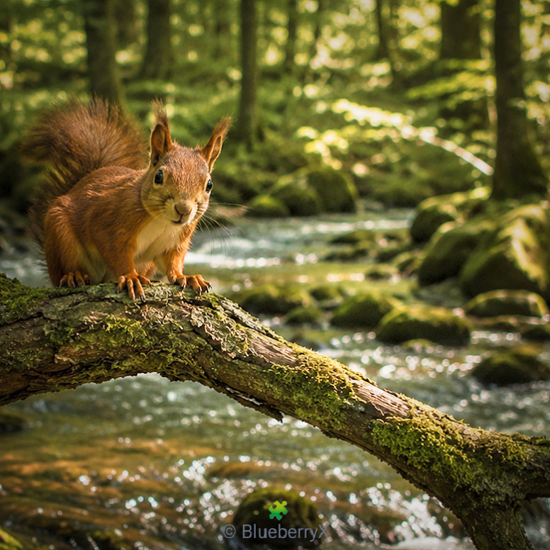 Red squirrel on a mossy branch above a forest stream with sunlit trees in the background