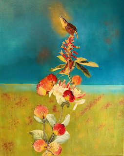 Hummingbird feeding on vibrant flowers in textured painting with teal sky and golden ground