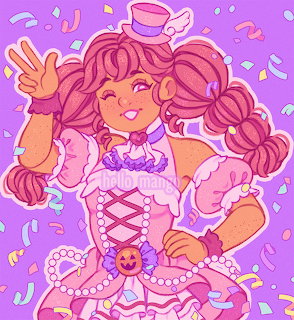 Cute anime girl in pink frilly dress with pigtails and mini top hat surrounded by confetti