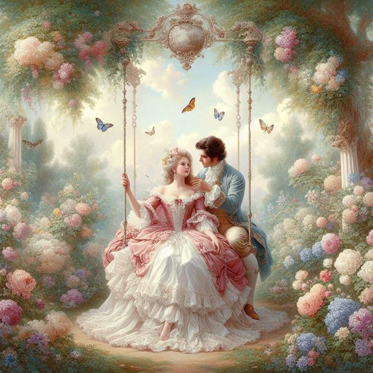 Pastel painting of a couple on a swing surrounded by blooming flowers and butterflies