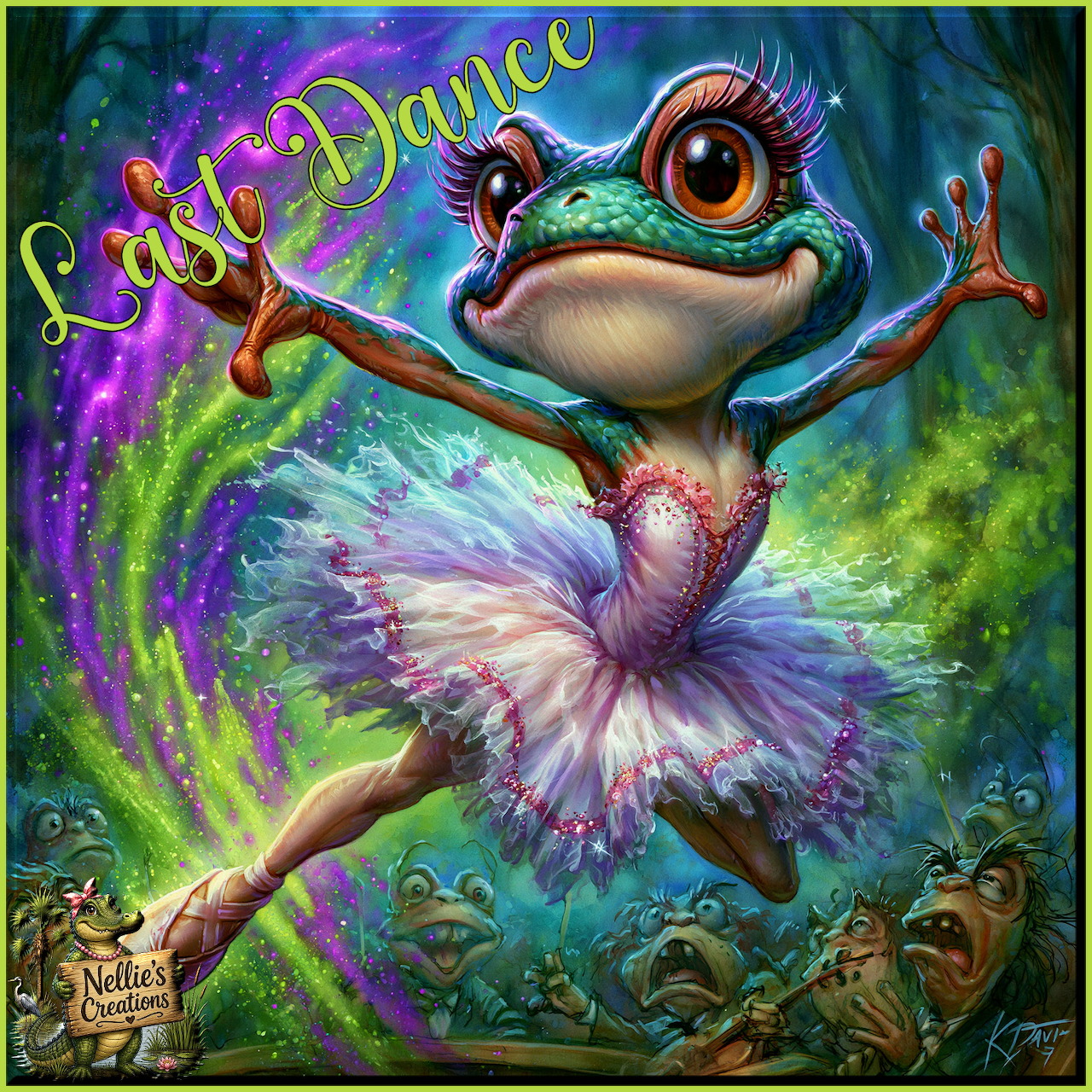 Illustrated frog ballerina in a tutu dancing on a colorful stage with cheering frogs below