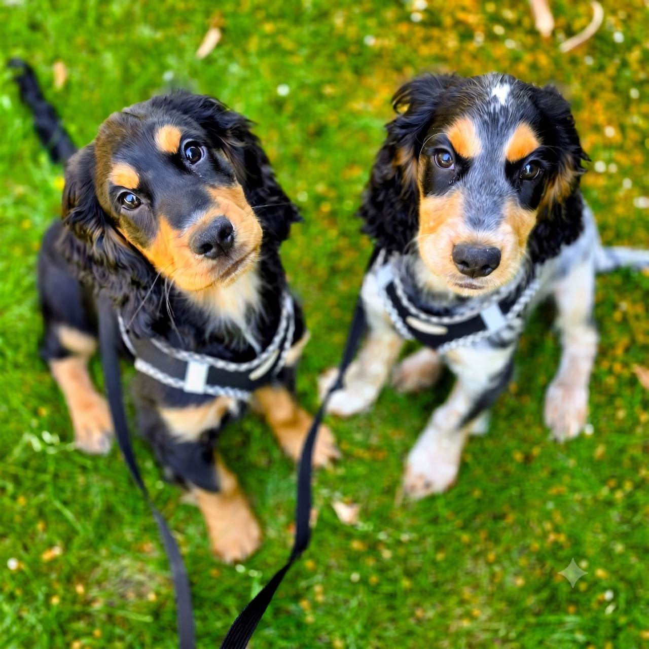 Two cocker spaniel puppies sitting on green grass, looking up at the camera