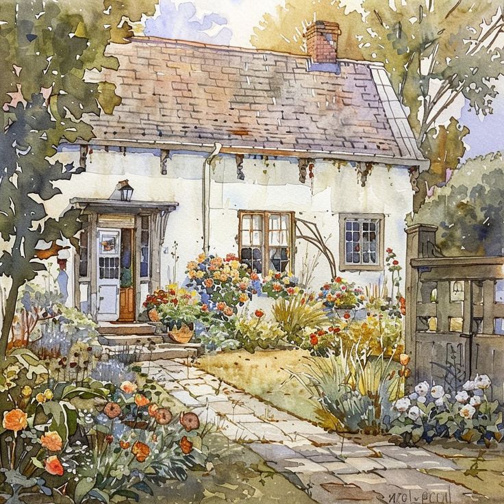 Watercolor of white cottage surrounded by colorful flower garden with stone walkway