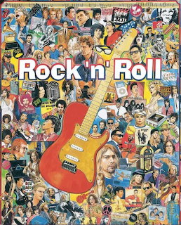 Colorful collage of rock musicians, album covers, and memorabilia with central red electric guitar and Rock n Roll text