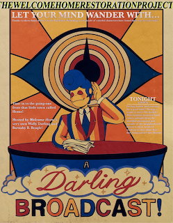 Retro cartoon poster of a puppet character hosting a broadcast with colorful sunburst background and vintage text