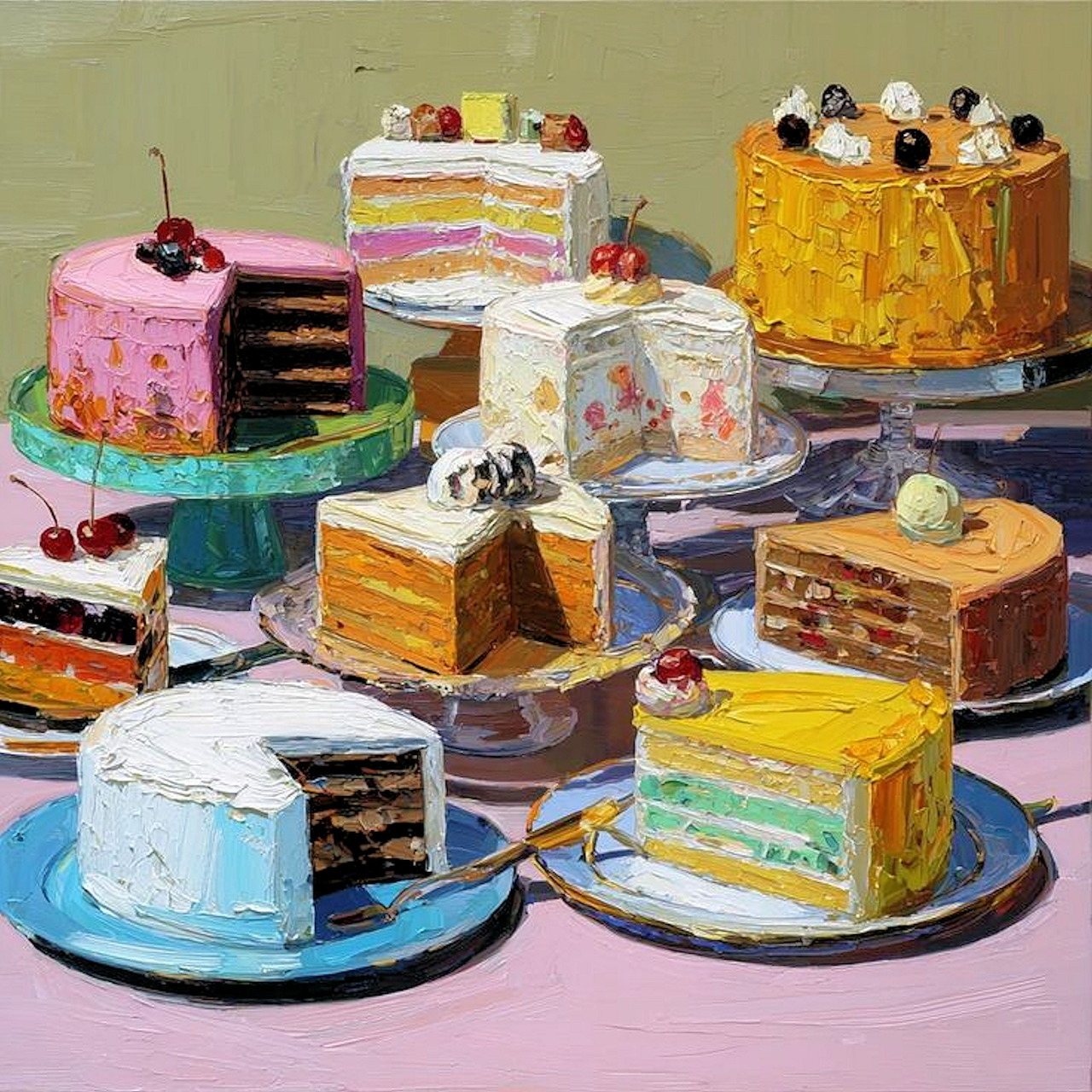 Painting of assorted whole cakes and cake slices on plates and stands