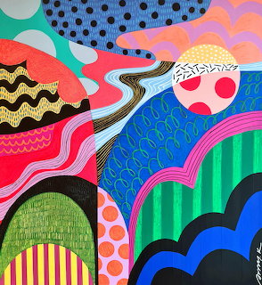 Abstract art with colorful geometric patterns, waves, dots, and shapes in pink, blue, green, yellow, and red