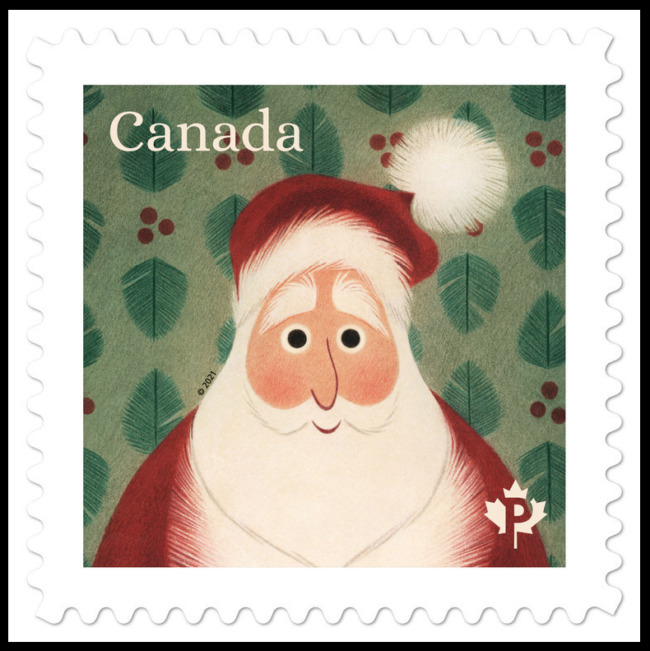 Illustrated Canada postage stamp with a smiling Santa Claus on a festive patterned background