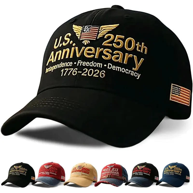 Black U.S. 250th Anniversary embroidered baseball cap with smaller color variants shown below