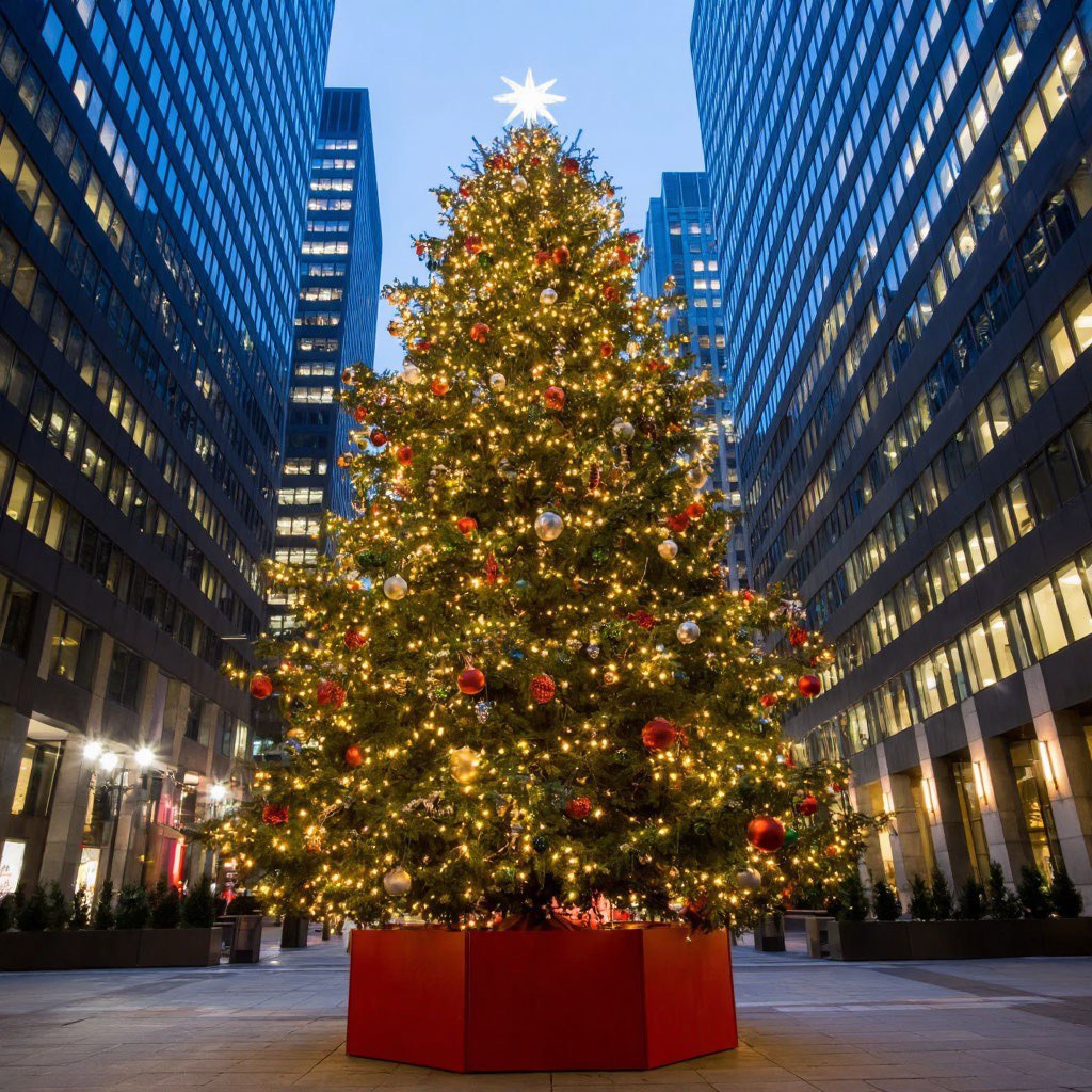 Illuminated Christmas tree in city plaza surrounded by tall buildings
