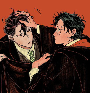 Two illustrated wizards in black robes and glasses facing each other on orange background